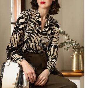 Jospeh Ribkoff Blouse Woman 14 Animal Print Sparkle Sheer Ruching V Neck Office
